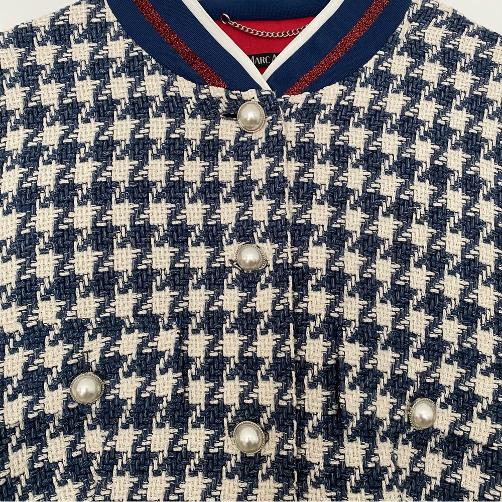 Marc Aurel Navy & Ivory Houndstooth Boucle Pearl Button Coat Size 46 (XL) - Picture 4 of 14